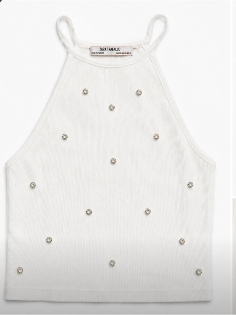 Zara White Embellished Ribbed Halter Tank